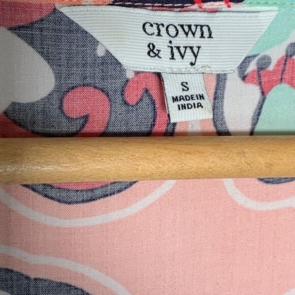 Crown and Ivy Top Womens Small Shirt Blouse Floral Peasant Boho Coral Pink Work - Picture 10 of 11